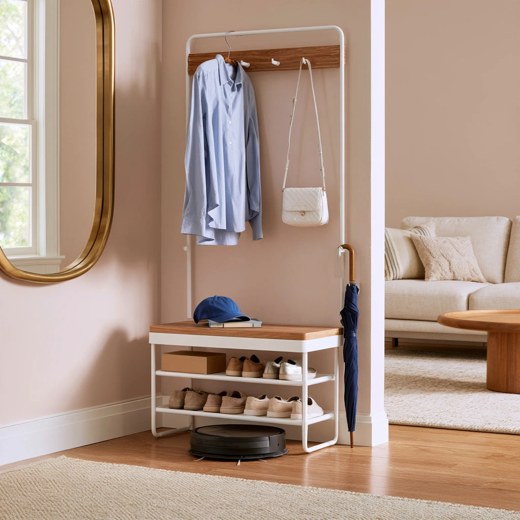 Minimalist white wooden coat rack with metal frame for hallway, featuring hooks for jackets and accessories.